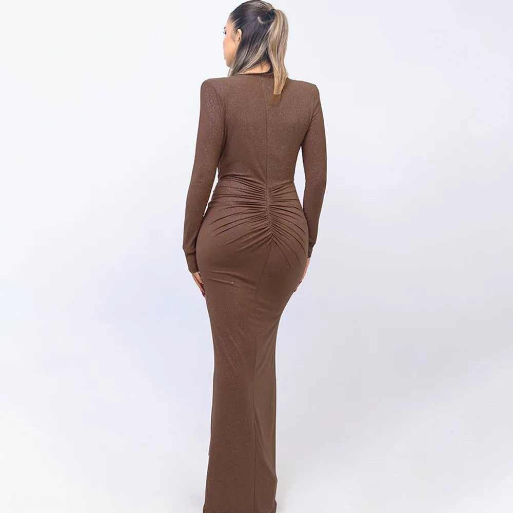 Elastic Deep V-Fold Lace Maxi Dress Mssaz Desses