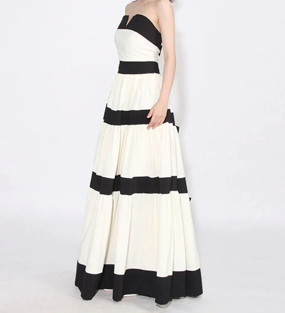 Colorblock Patchwork Bow Strapless Long Dress Mssaz Desses