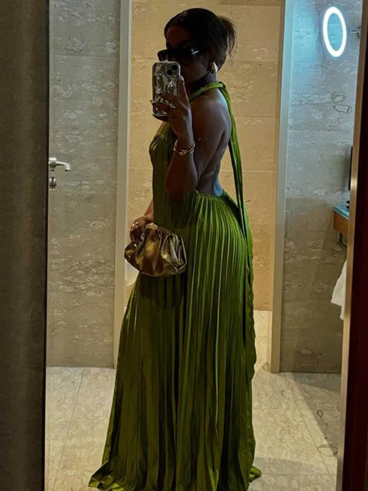 Pleated Hollow Out Halter Neck Long Dress Mssaz Desses