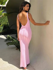 Knit Ribbed Hollow Out Open Back Solid Long Dress Mssaz Desses