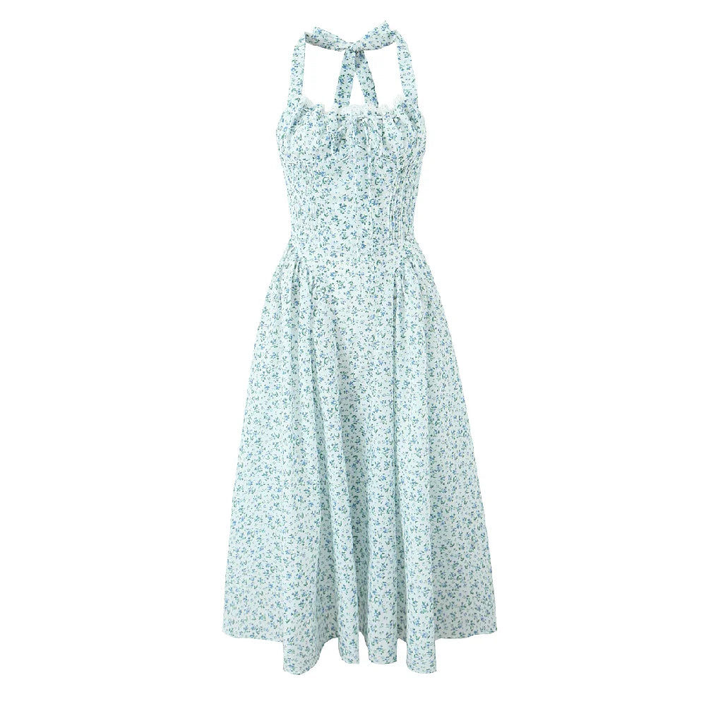 Floral Bow Halter Neck Lacing Up Midi Dress Mssaz Desses