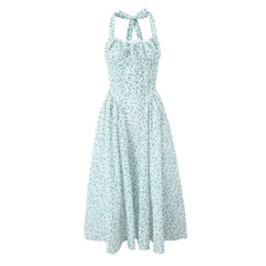 Floral Bow Halter Neck Lacing Up Midi Dress Mssaz Desses
