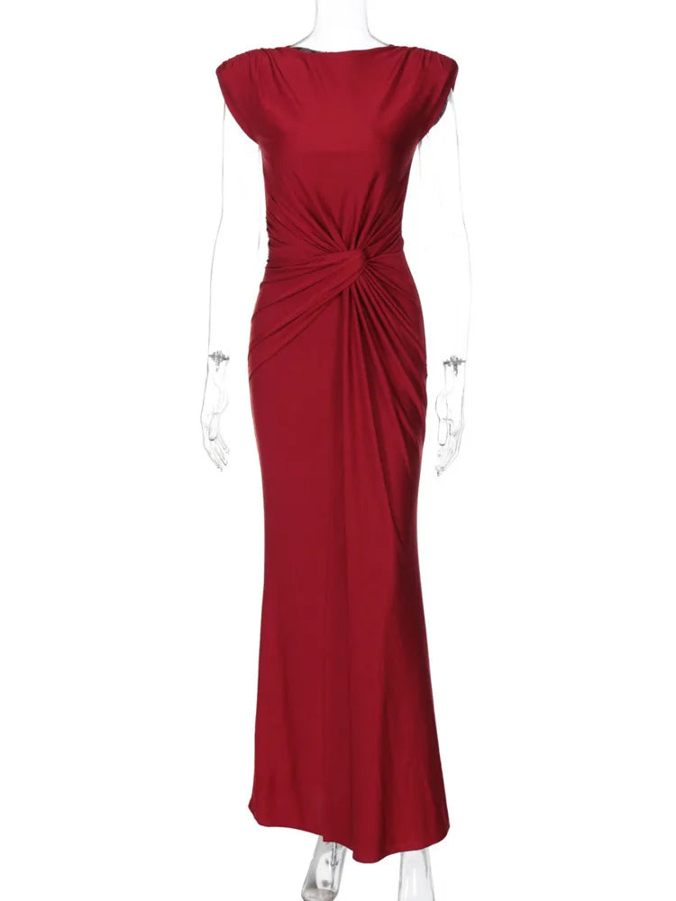 Solid Boat Neck Twist Knot Long Dress Mssaz Desses
