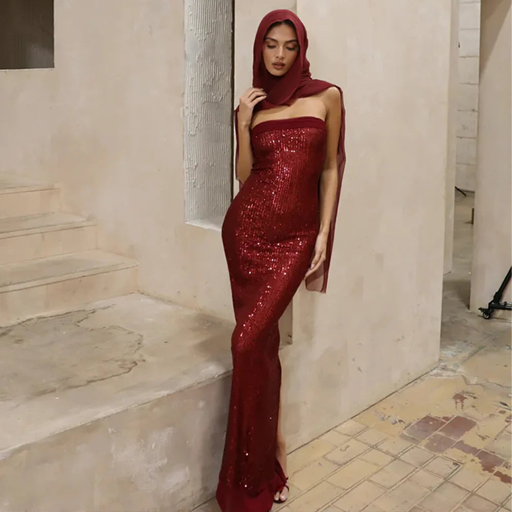Strapless Sequin Slit Backless Dress Mssaz Desses