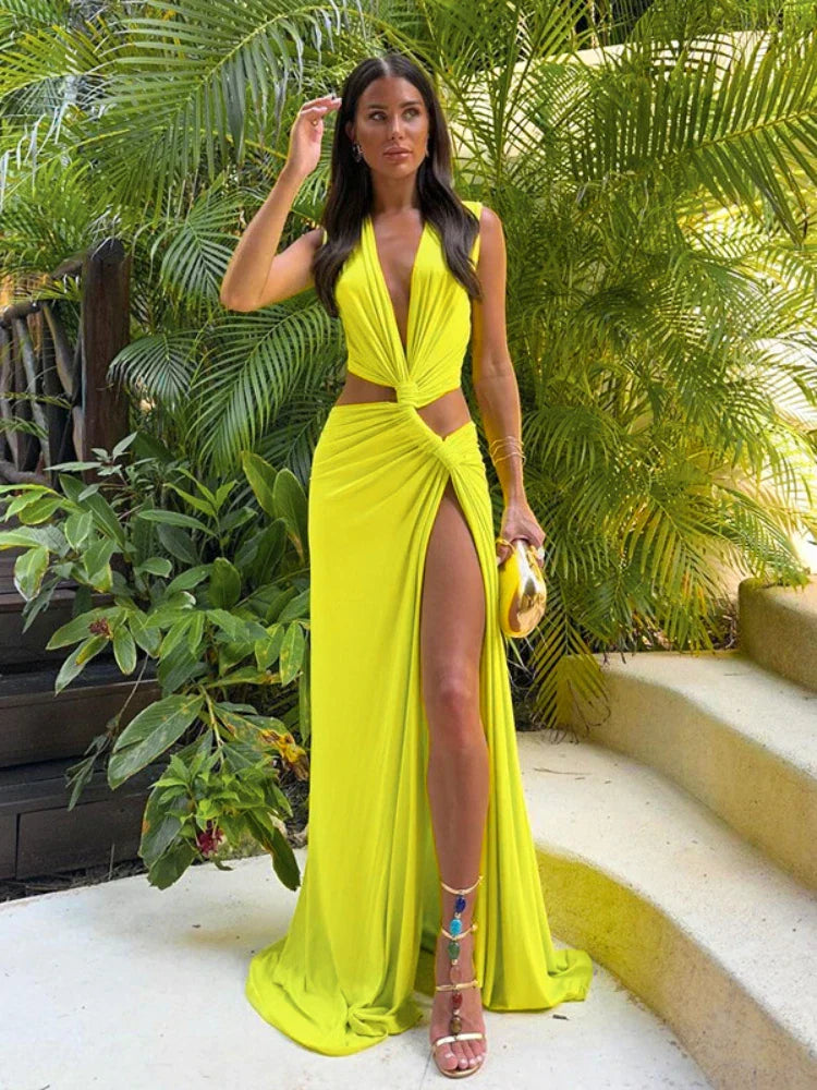 Deep V Cut Out Slit Asymmetrical Long Dress Mssaz Desses