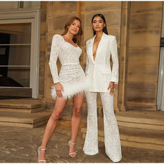 Long Sleeve Lace Feather Mini Skirt Square Neck Dress Mssaz Desses