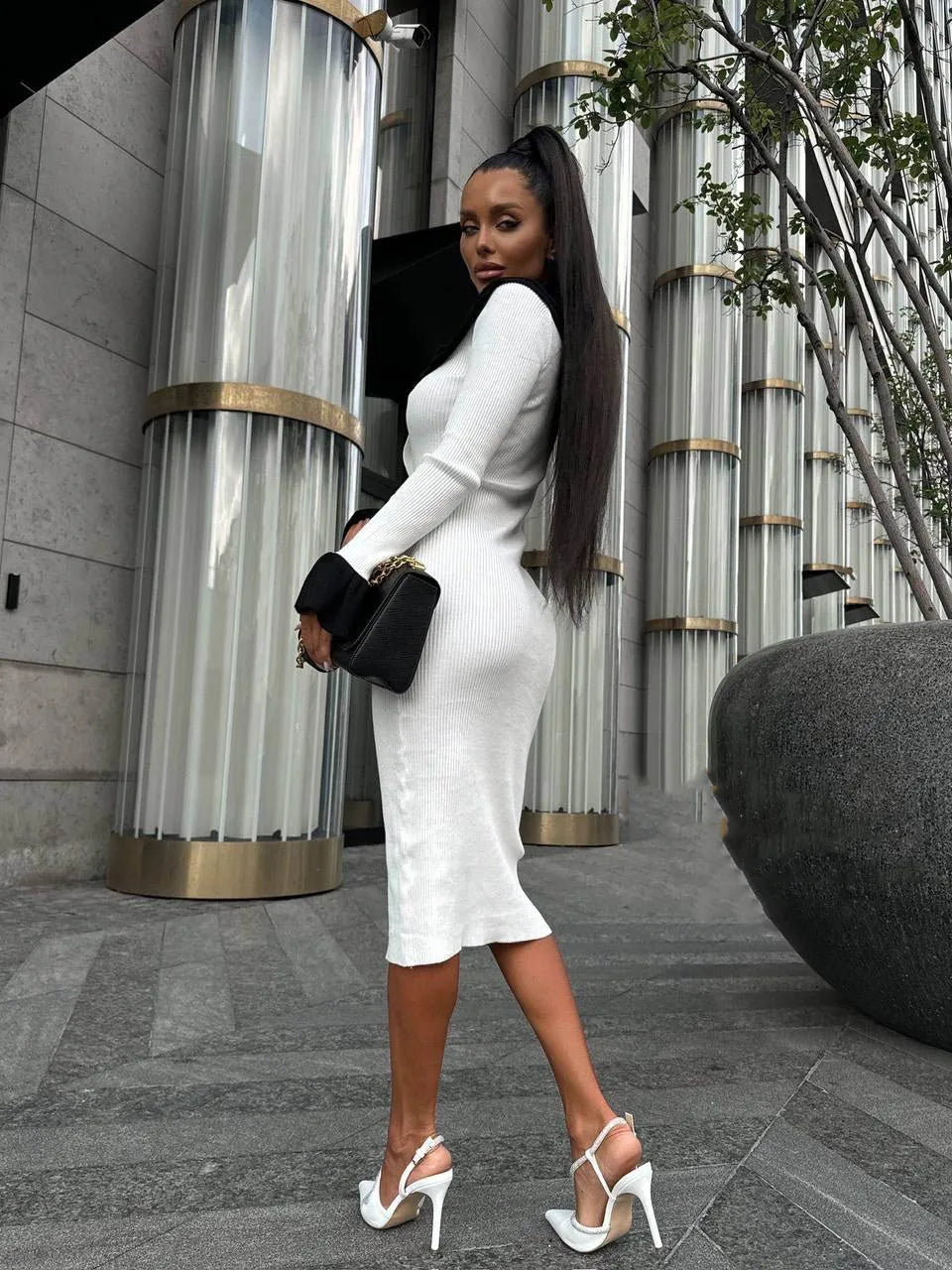 Patchwork Contrast Ribbed Midi Dress Mssaz Desses