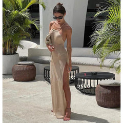Knitted Cover Up Slit Bodycon Halter Neck Long Dress Mssaz Desses