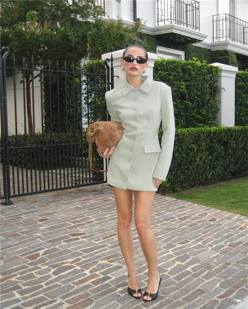 Long Sleeve Lapel Two Pocket Office Lady Blazer Dress Mssaz Desses