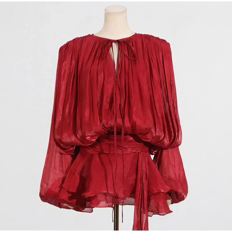 Elegant V-Neck Lace-Up  Style Mini Dress Mssaz Desses