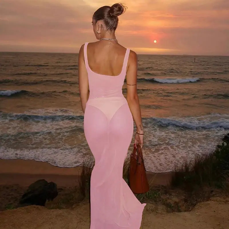 Mesh Square Neck Open Back Solid Long Dress Mssaz Desses