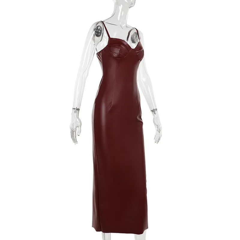 Solid PU Leather Splicing Strap Dress Mssaz Desses