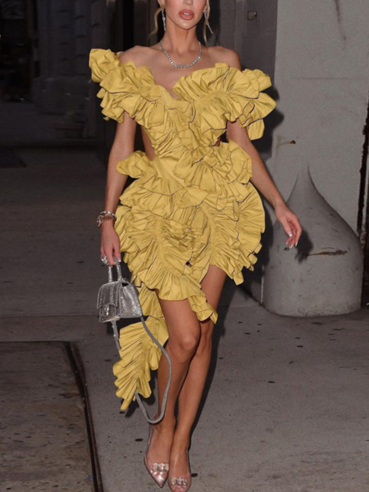 Short Party Dress Backless and Ruffled Mssaz Desses