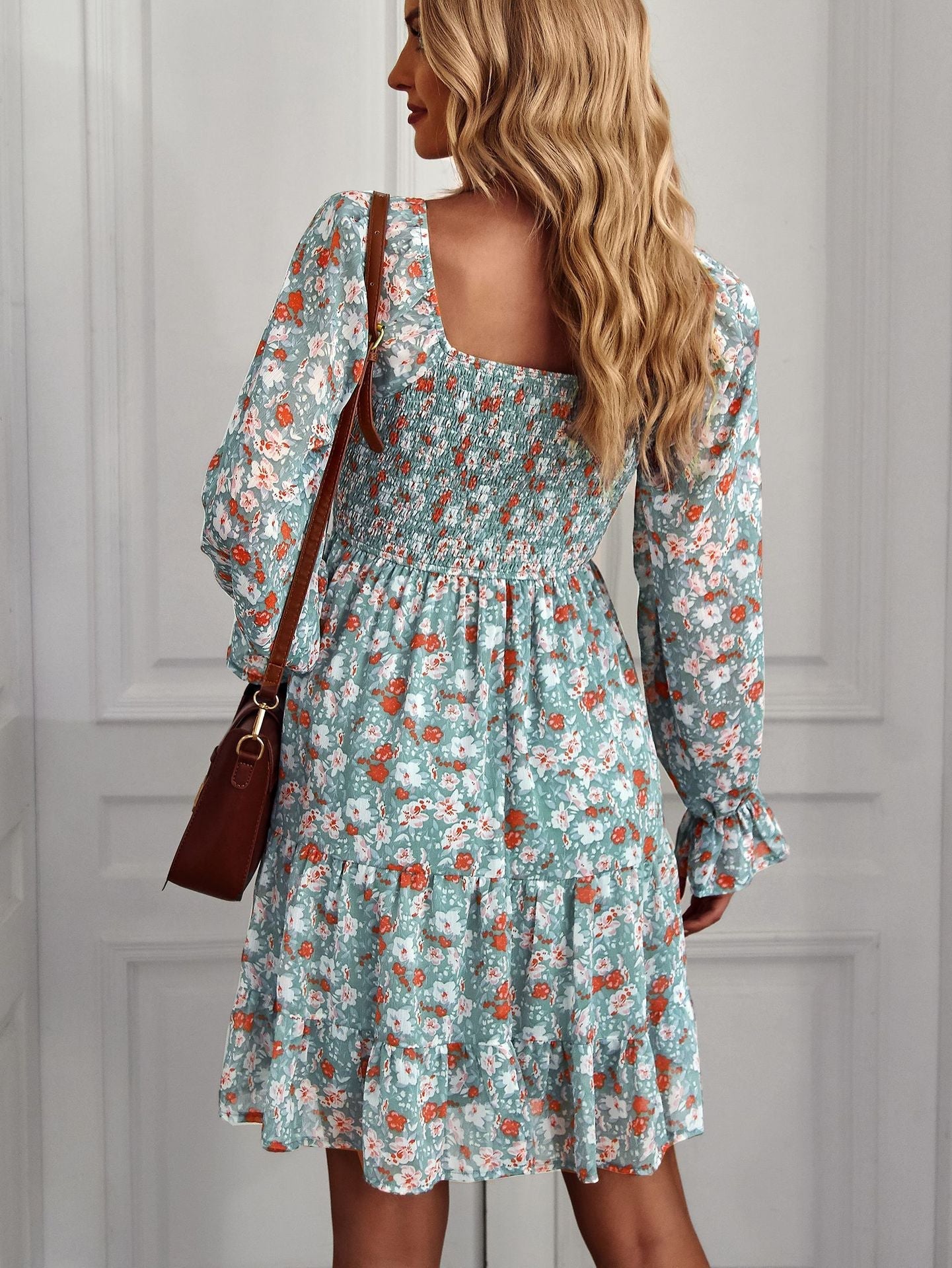 Bohemia Floral Print Ruffles Elastic Waist Mini Dress Mssaz Desses