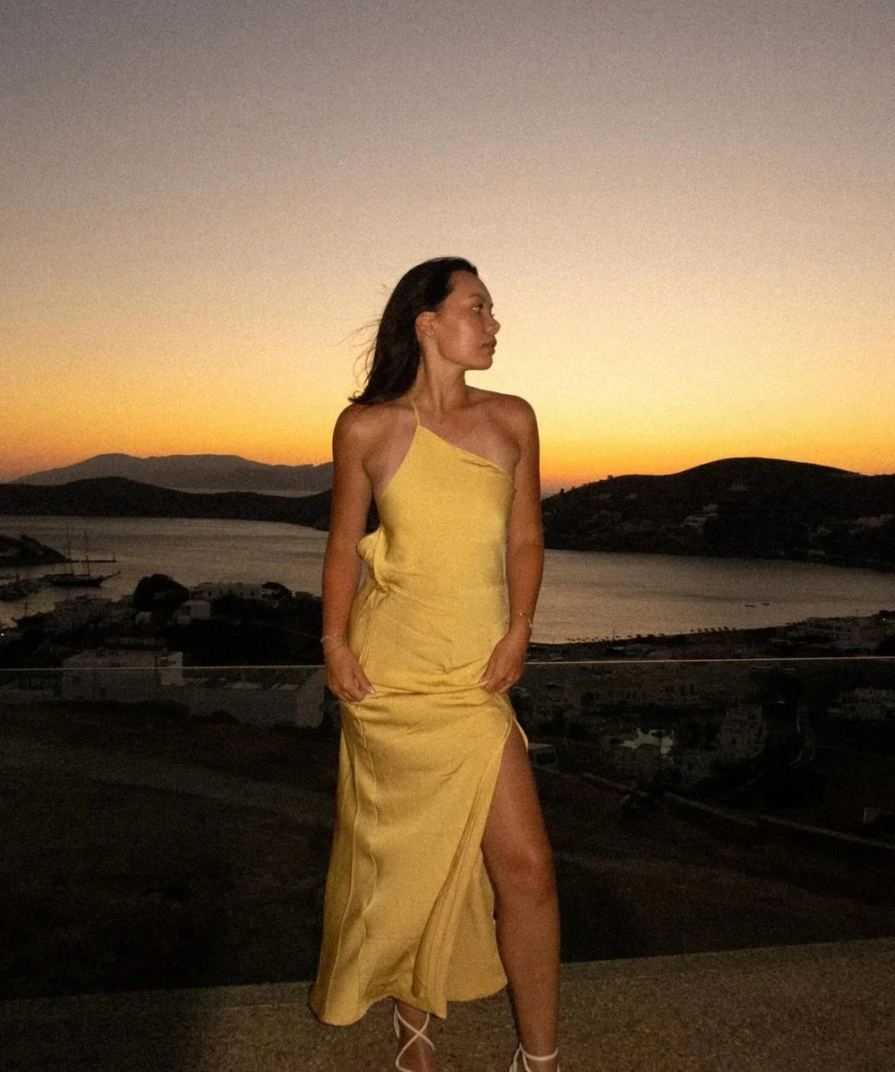 Backless Satin Slant Shoulder Solid Slit Long Dress Mssaz Desses