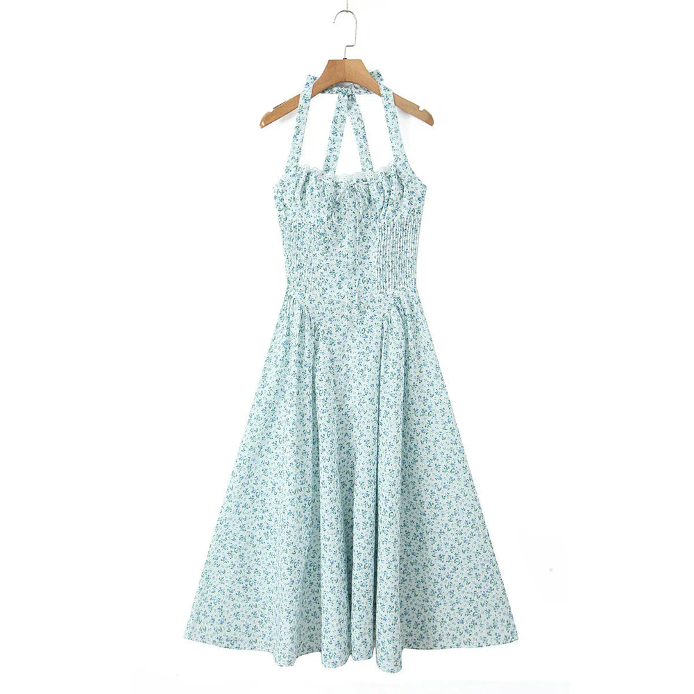 Floral Bow Halter Neck Lacing Up Midi Dress Mssaz Desses