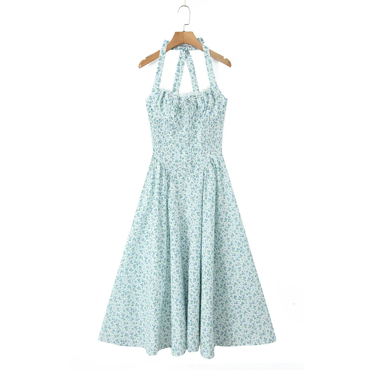 Floral Bow Halter Neck Lacing Up Midi Dress Mssaz Desses