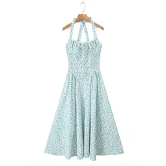 Floral Bow Halter Neck Lacing Up Midi Dress Mssaz Desses