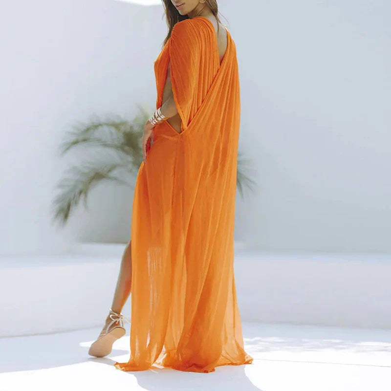 Mesh Perspective Solid Color Hollow Split Dress Mssaz Desses