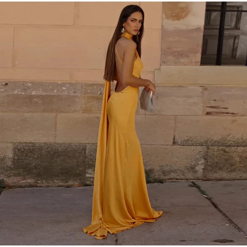 Yellow Satin Backless Lace-Up Off-Shoulder Maxi Dress Mssaz Desses