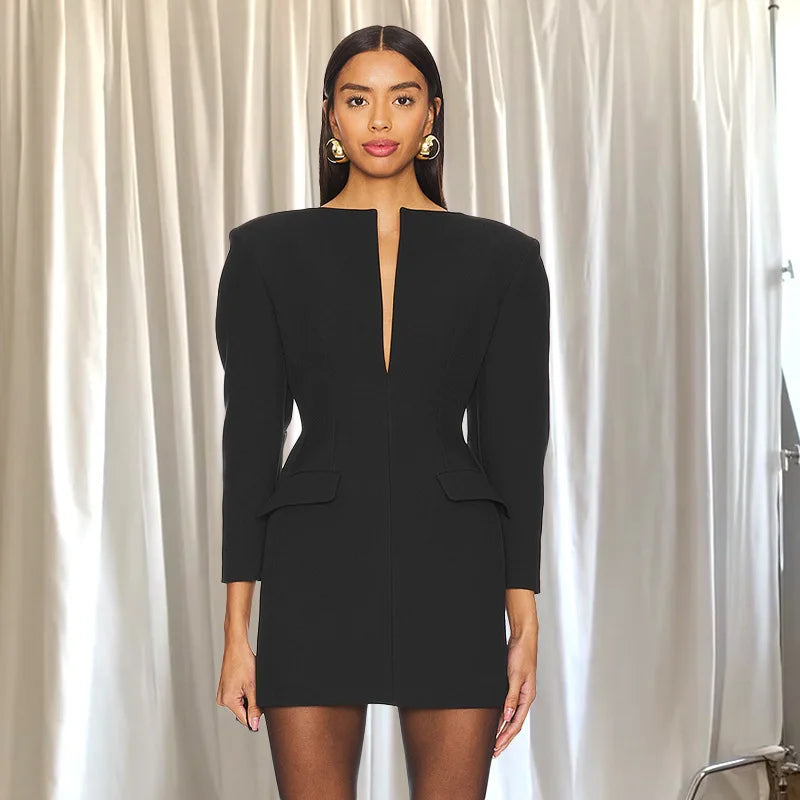 Black Solid Long Sleeve Blazer Dress Mssaz Desses