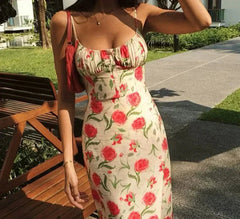 Large Flowers Elastic Buttons Midi Dress Mssaz Desses