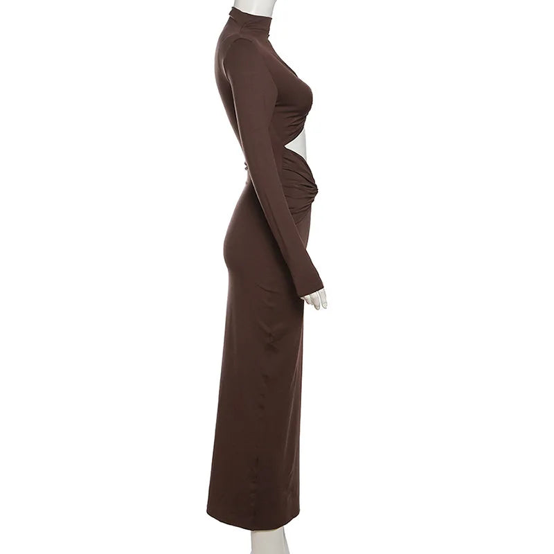 Hollow Out Pleated Long Sleeves Maxi Dress Mssaz Desses