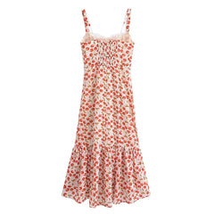 Cherry Print Ruffles Hem Trumpet Midi Dress Mssaz Desses