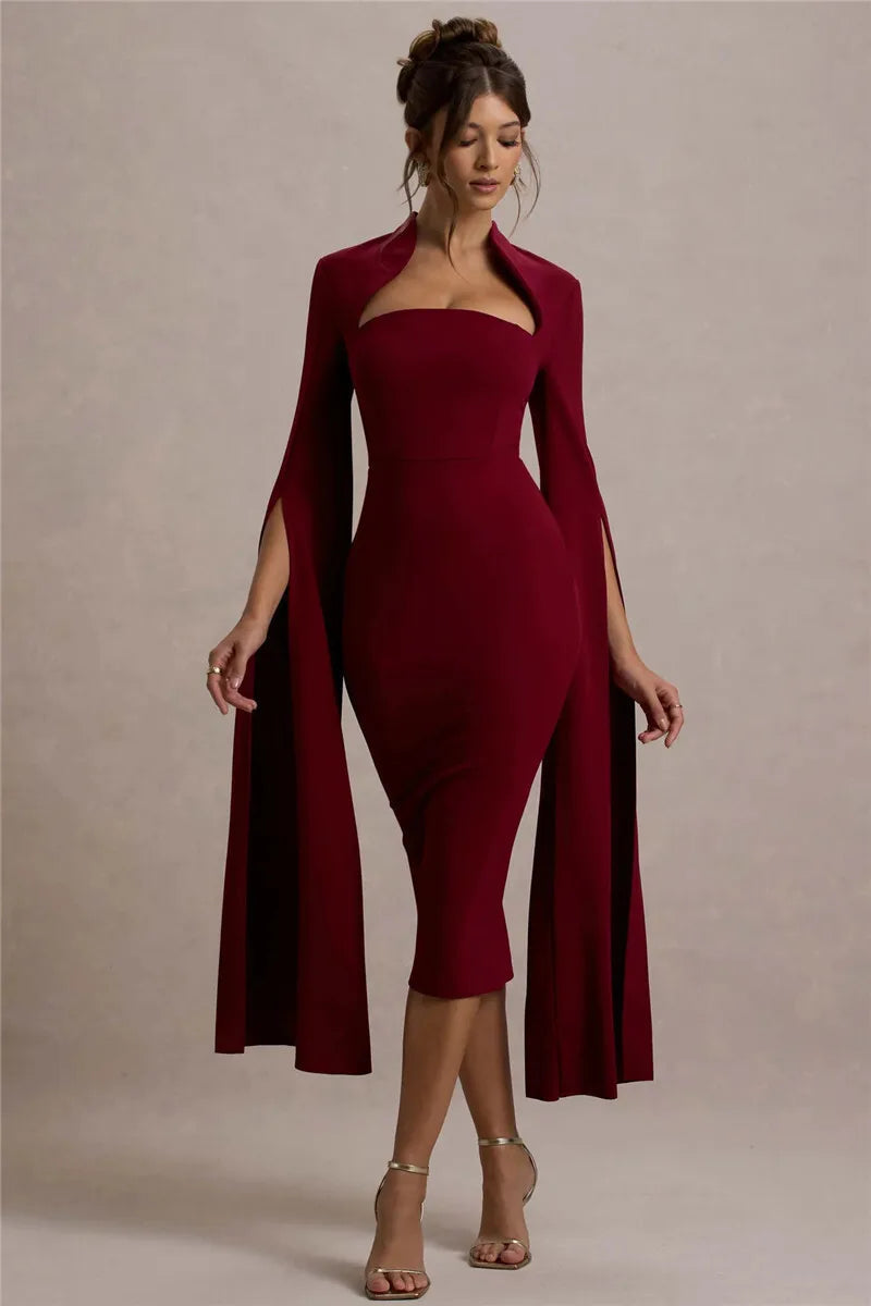 Cape Long Sleeve Square Collar Midi Dress Mssaz Desses