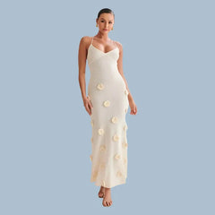 Halter Neck Flower Patchwork Lace-up Maxi Dress Mssaz Desses