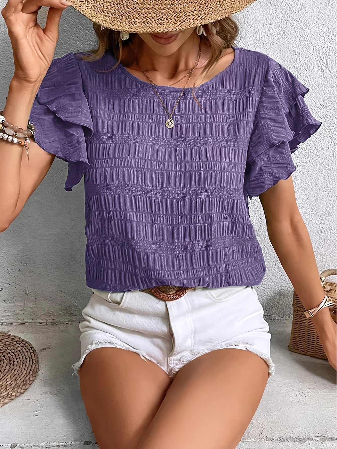 Vintage Butterfly Sleeve O Neck  Casual Elegant Solid Shirt Mssza