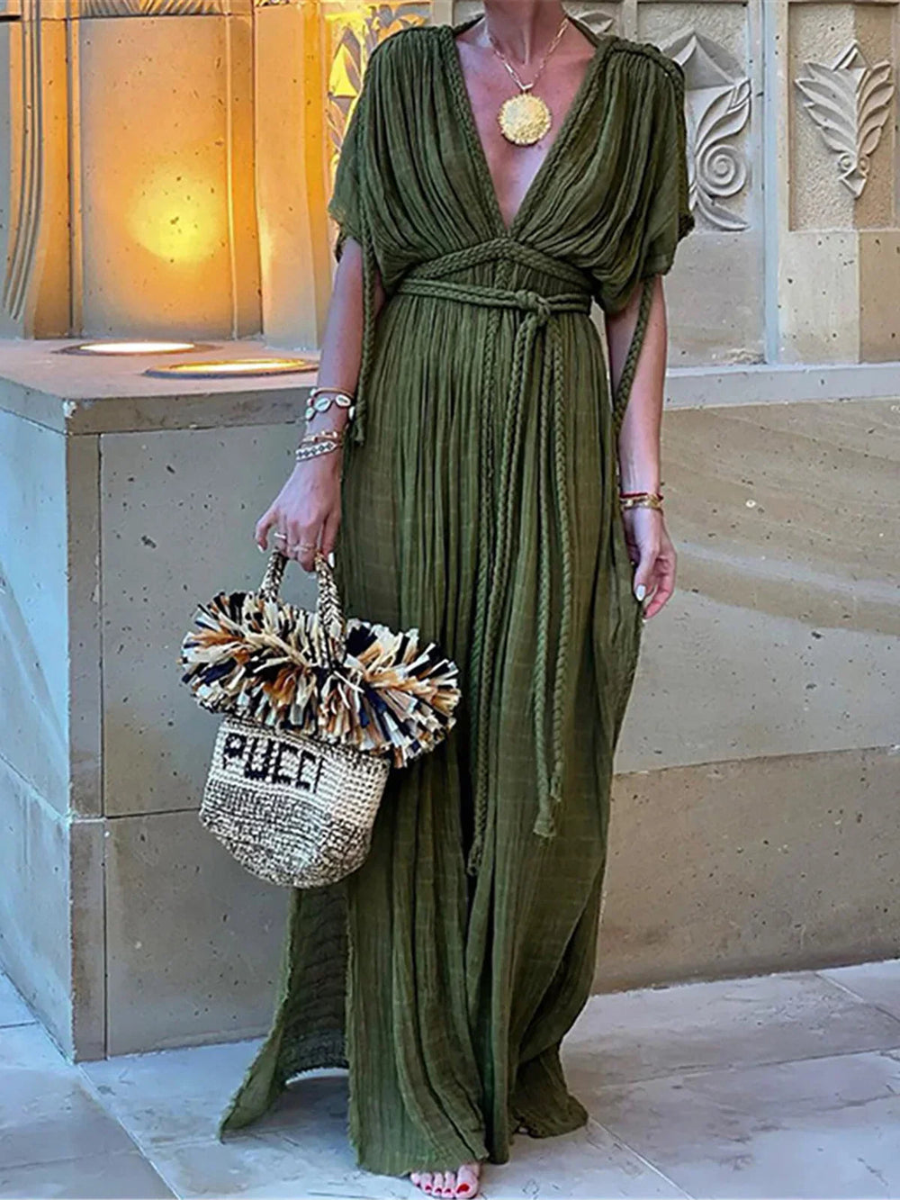 Solid Split Pleated Bandage Long Dress Mssaz Desses