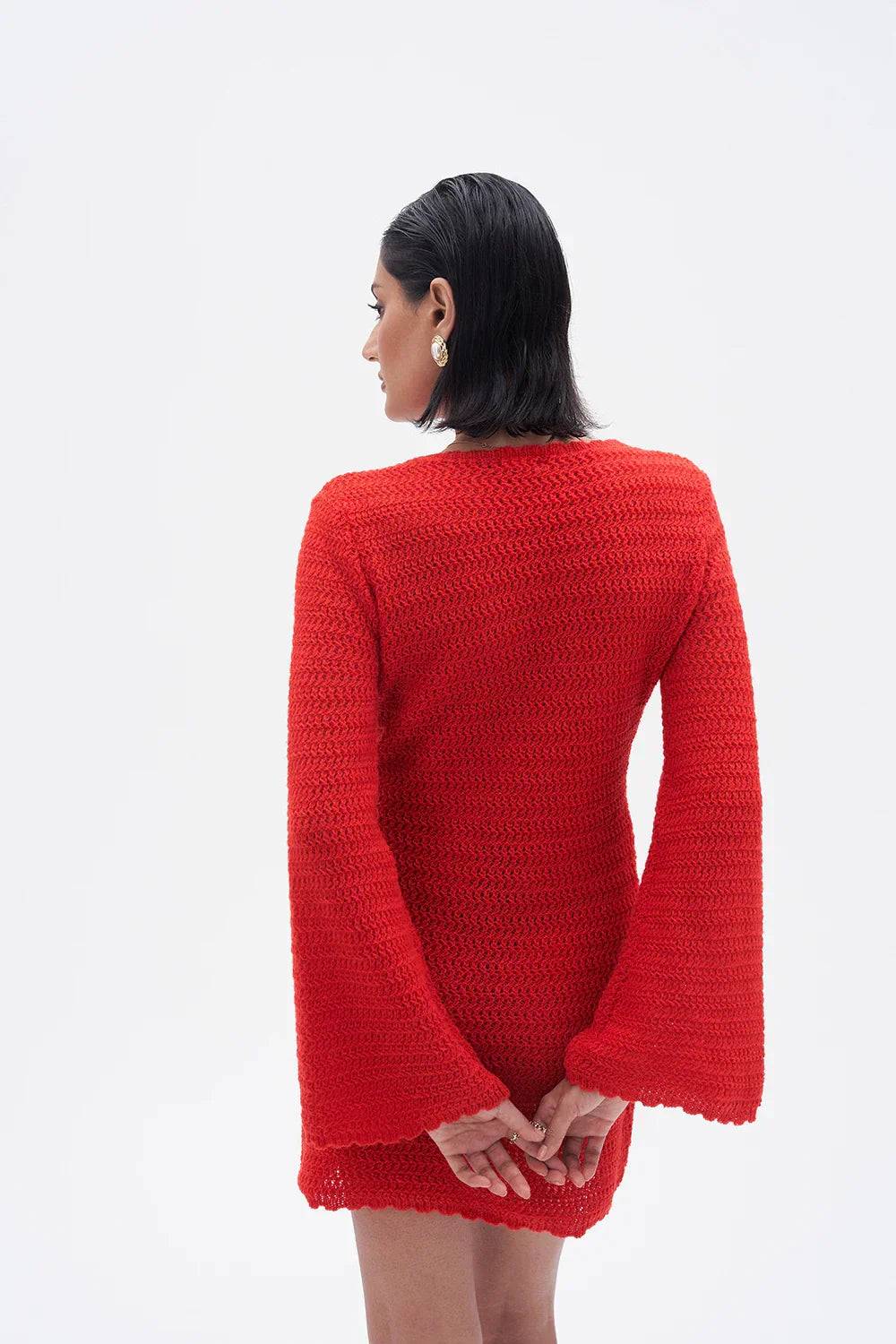 3D Flower Hand Crotch Full Flare Sleeve Sweater Dress Mssaz Desses