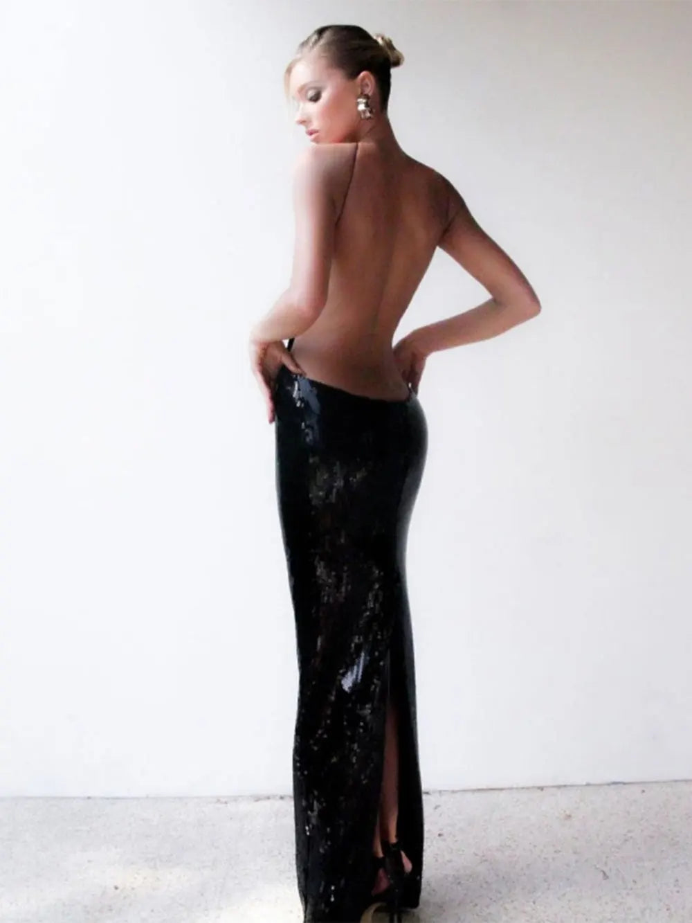 Gold Sequin Spaghetti Strap Hollow Long Dress Mssaz Desses