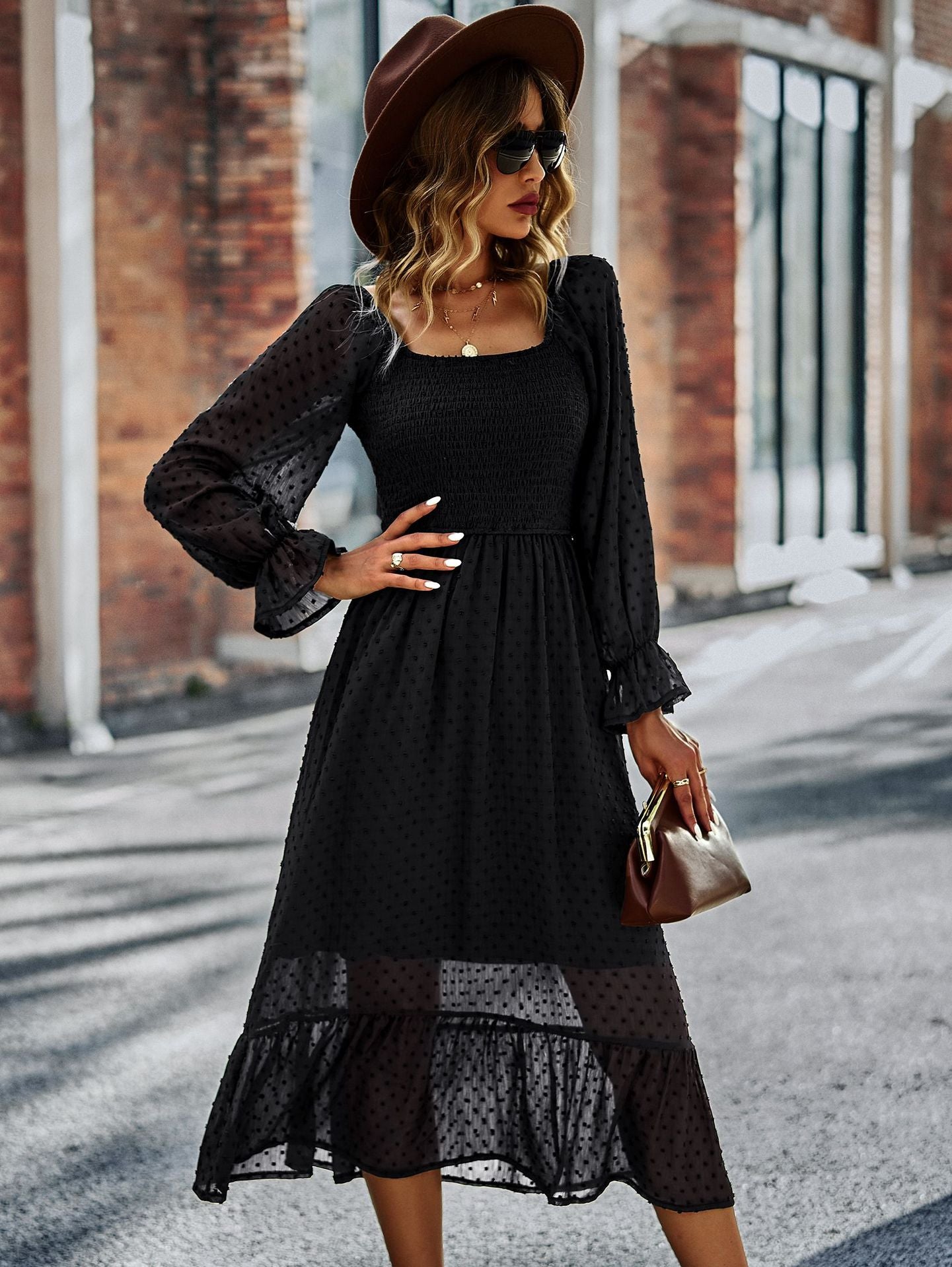 Chic Lace Lantern Sleeve Ruffles Square Collar Dress Mssaz Desses