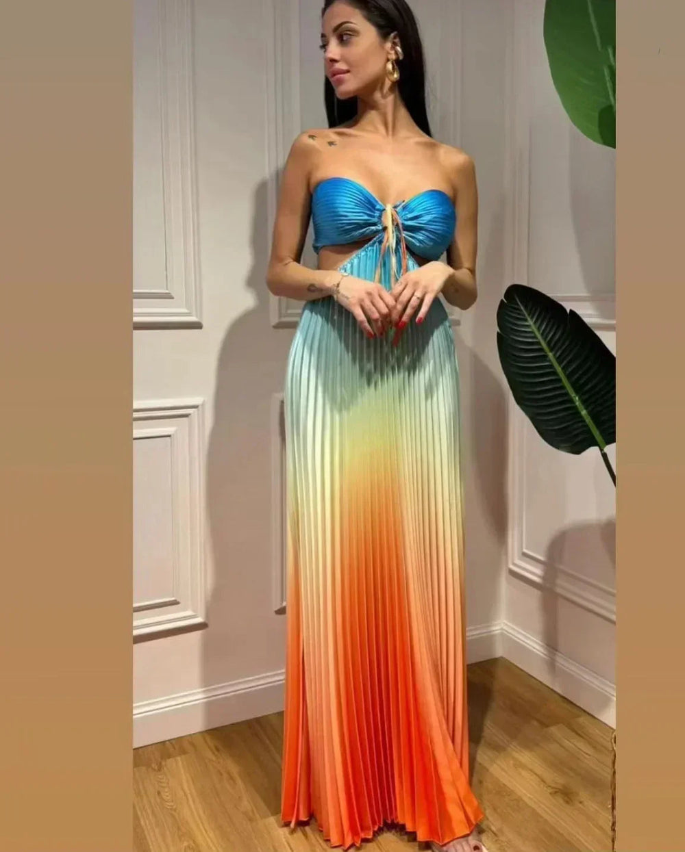 Satin Gradient Pleated Sleeveless Maxi Dress Mssaz Desses