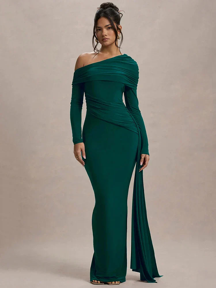 Skew Collar Long Sleeve Maxi Dress Mssaz Desses