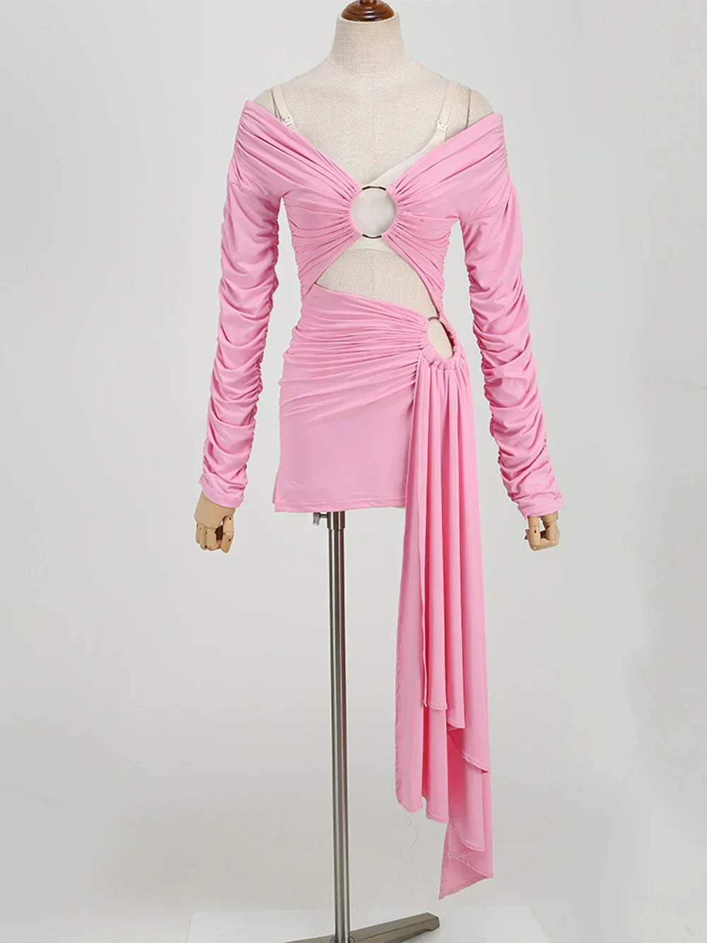 Pink Hollow Out Long Sleeved V-Neck Mini Dress Mssaz Desses