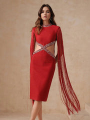 Fringe Sleeve Tassel Sequined Midi Dress Mssaz Desses