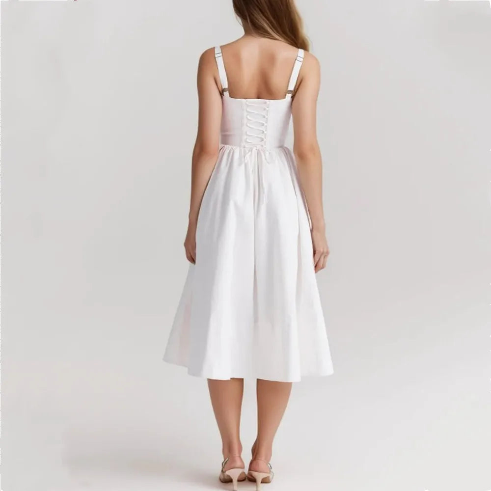 Wire Corset Style Low Waist White Midi Dress Mssaz Desses