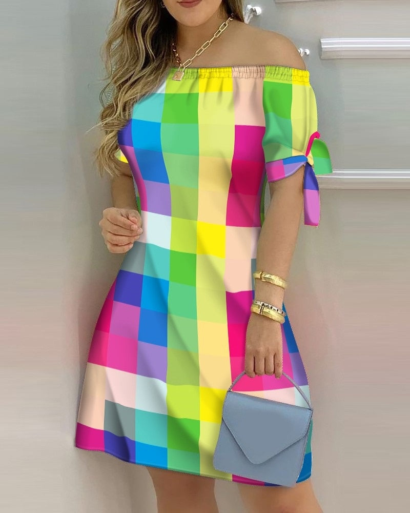 Off Shoulder  Mini Dress Short Sleeve Bow Tie Striped Plaid Floral Vestidos Mssaz Desses