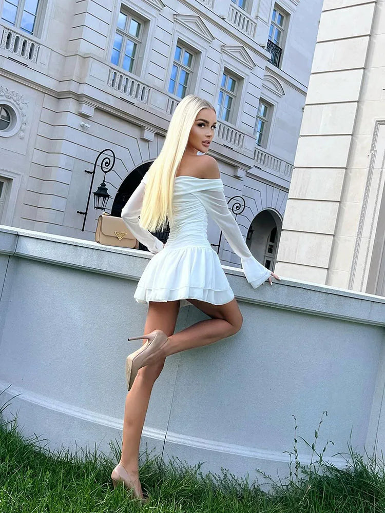 Solid Folds Long Flare Sleeves White Mini Dress Mssaz Desses