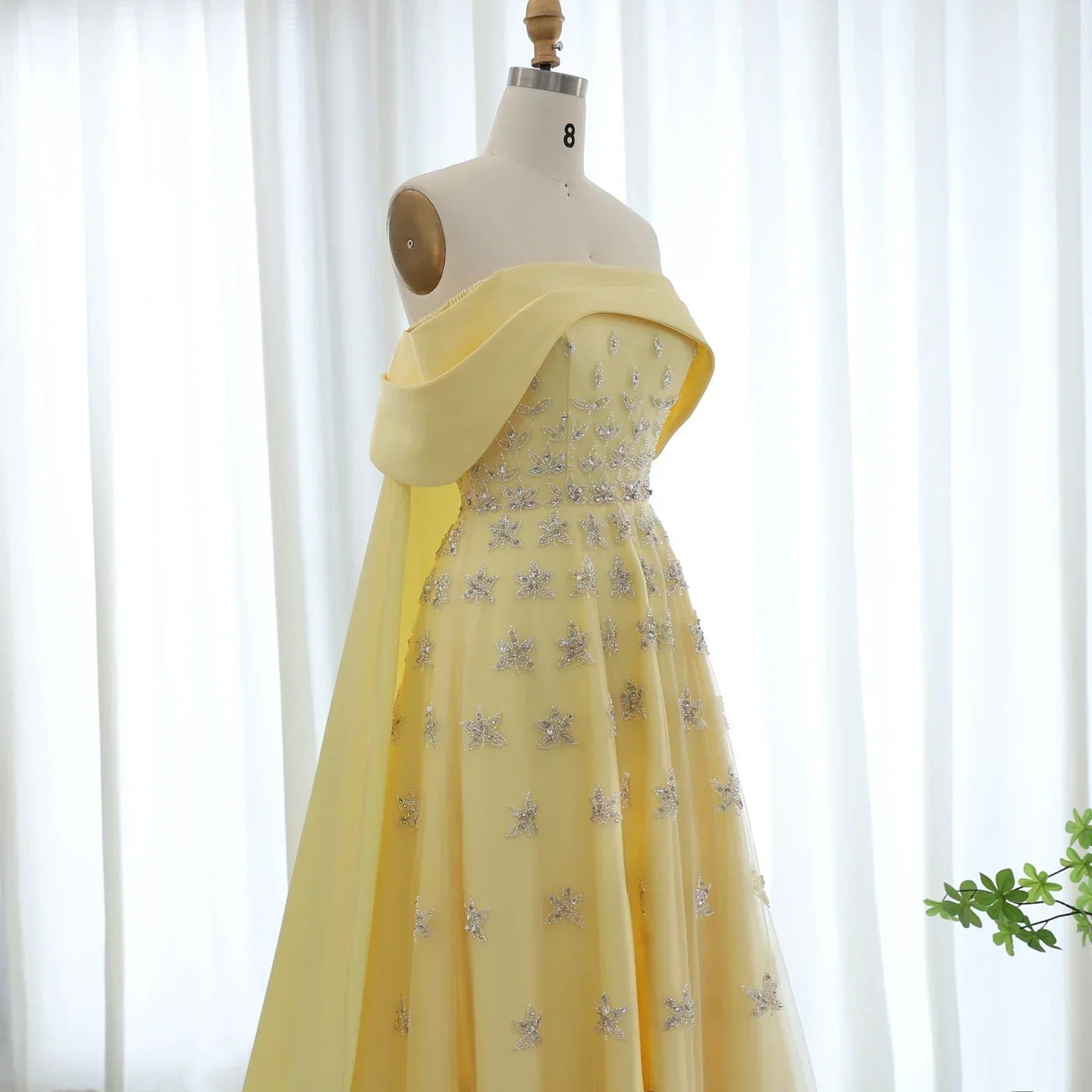 Yellow Satin Evening Gown with Cape Mssaz Desses