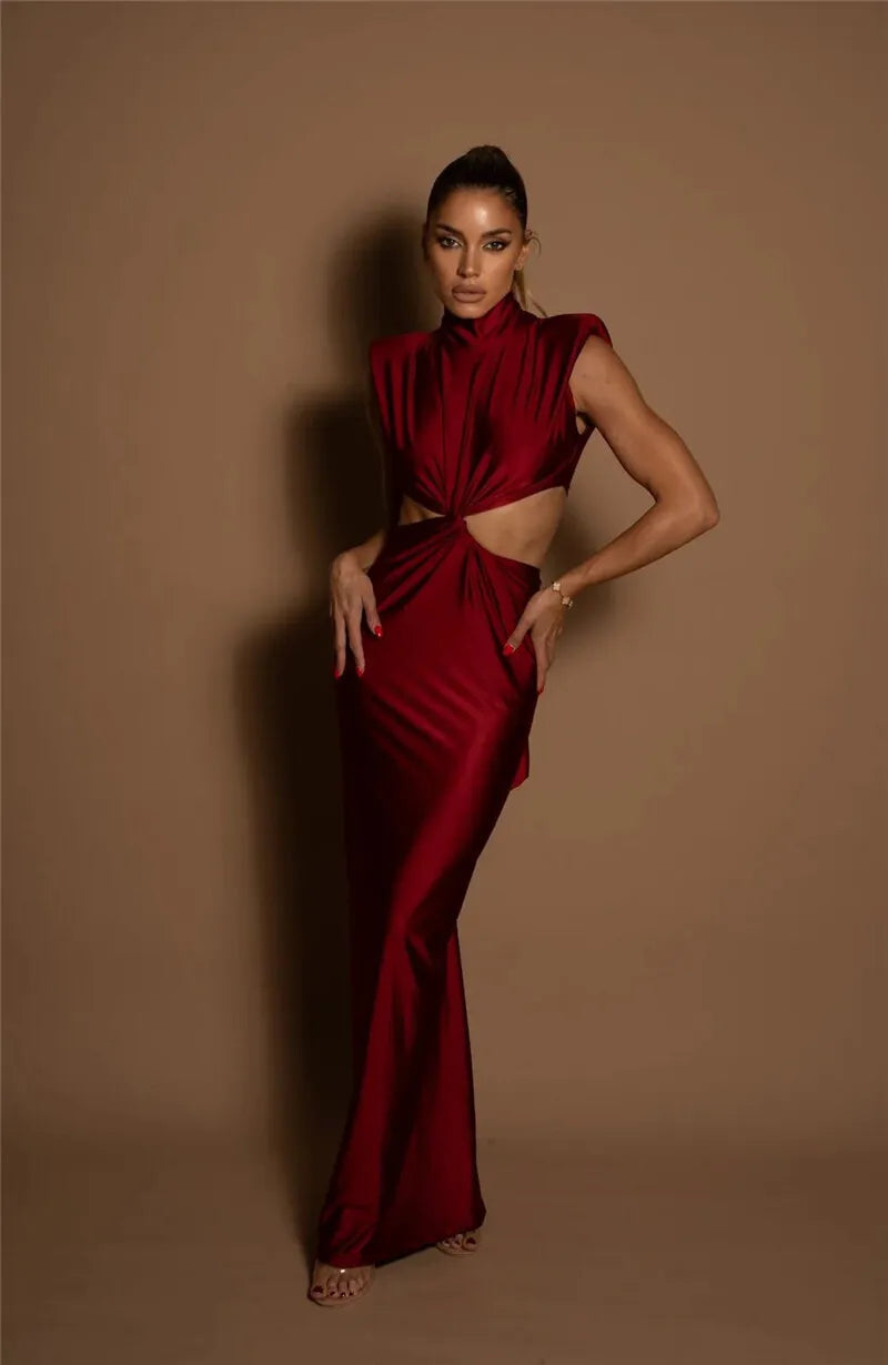 Hollow Out Turtleneck Solid Maxi Dress Mssaz Desses