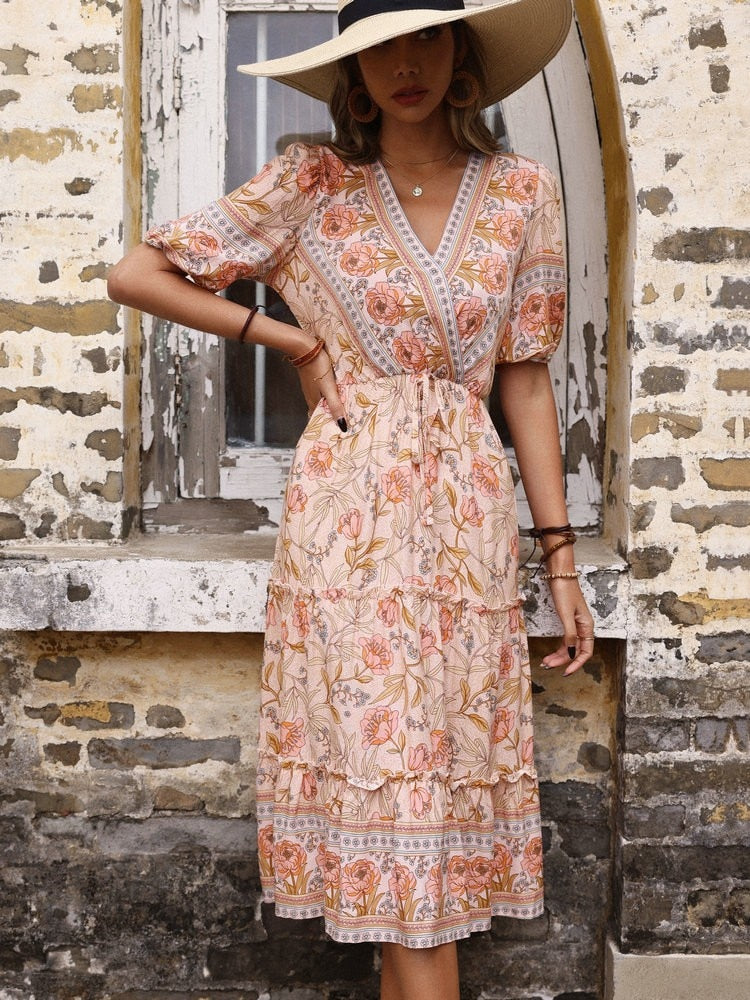 Bohemian Print V-neck HolidayChiffon Dress Mssaz Desses