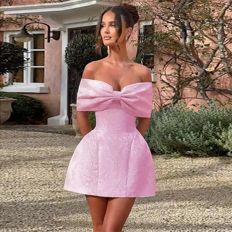 Bow Off Shoulder Backless A-line Jacquard Party Dress Mssaz Desses