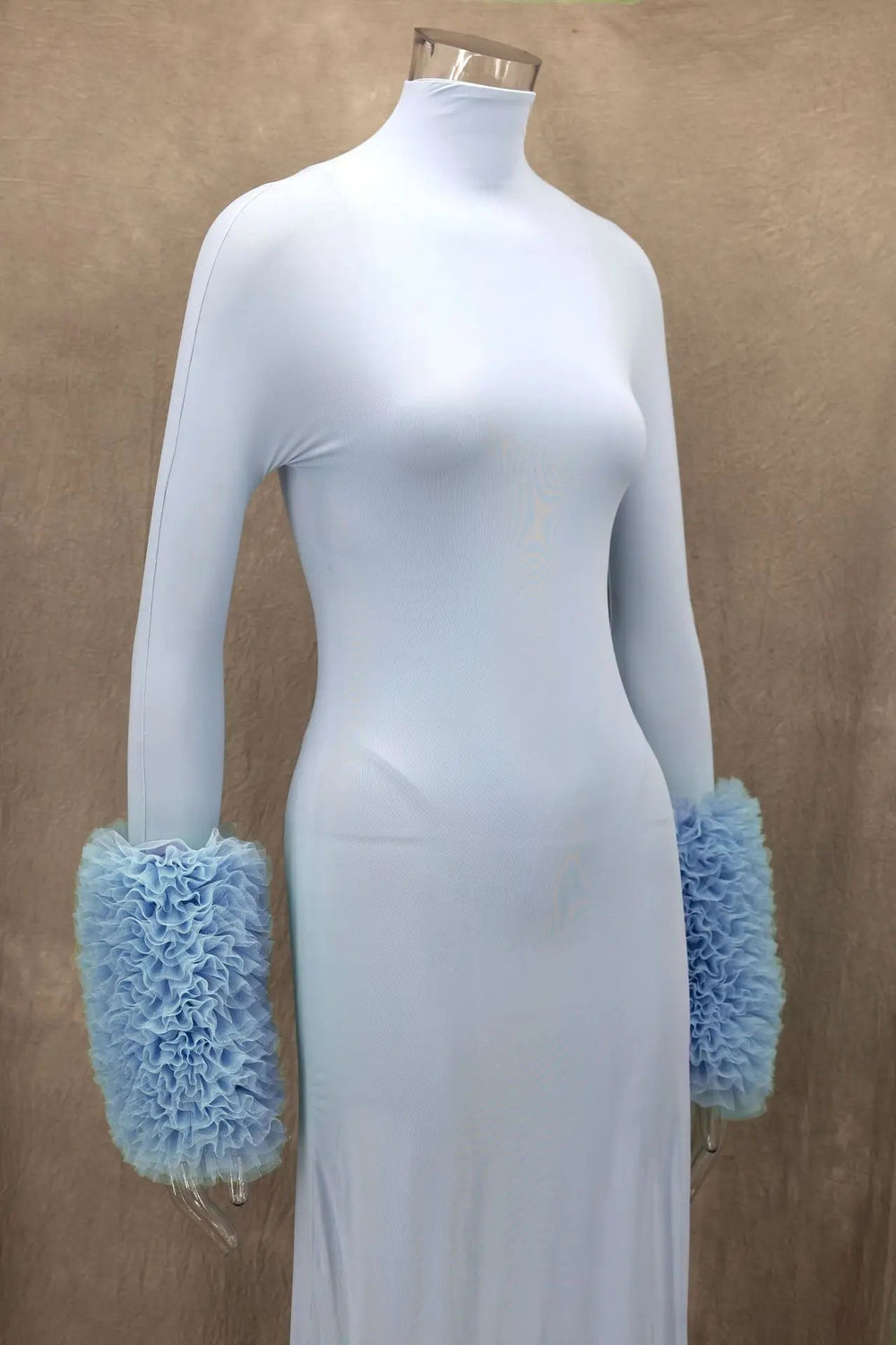 Ruffle Pleated Sleeve Blue Long Dress for Women Mssaz Desses