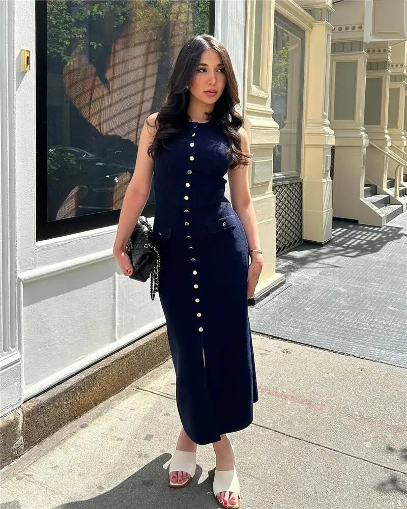 Knit Maxi Dress with Pockets Button-Front Mssaz Desses