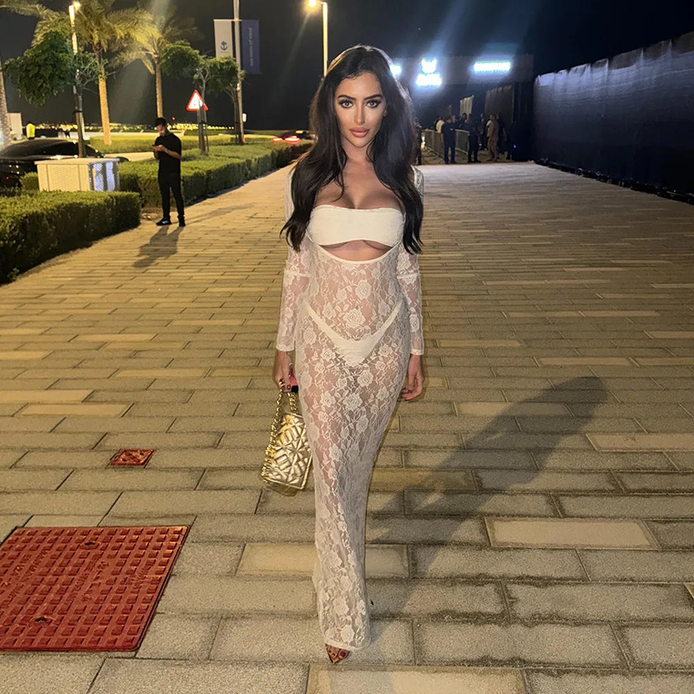 Perspective Lace Hollow Out Bodycon Maxi Dress Mssaz Desses