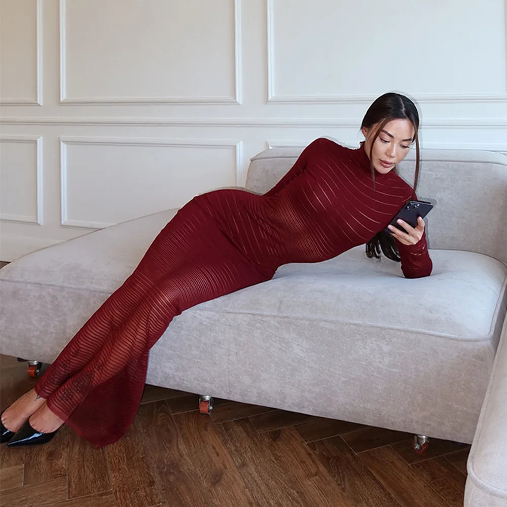 Striped Knitted Half High Collar Dress Mssaz Desses